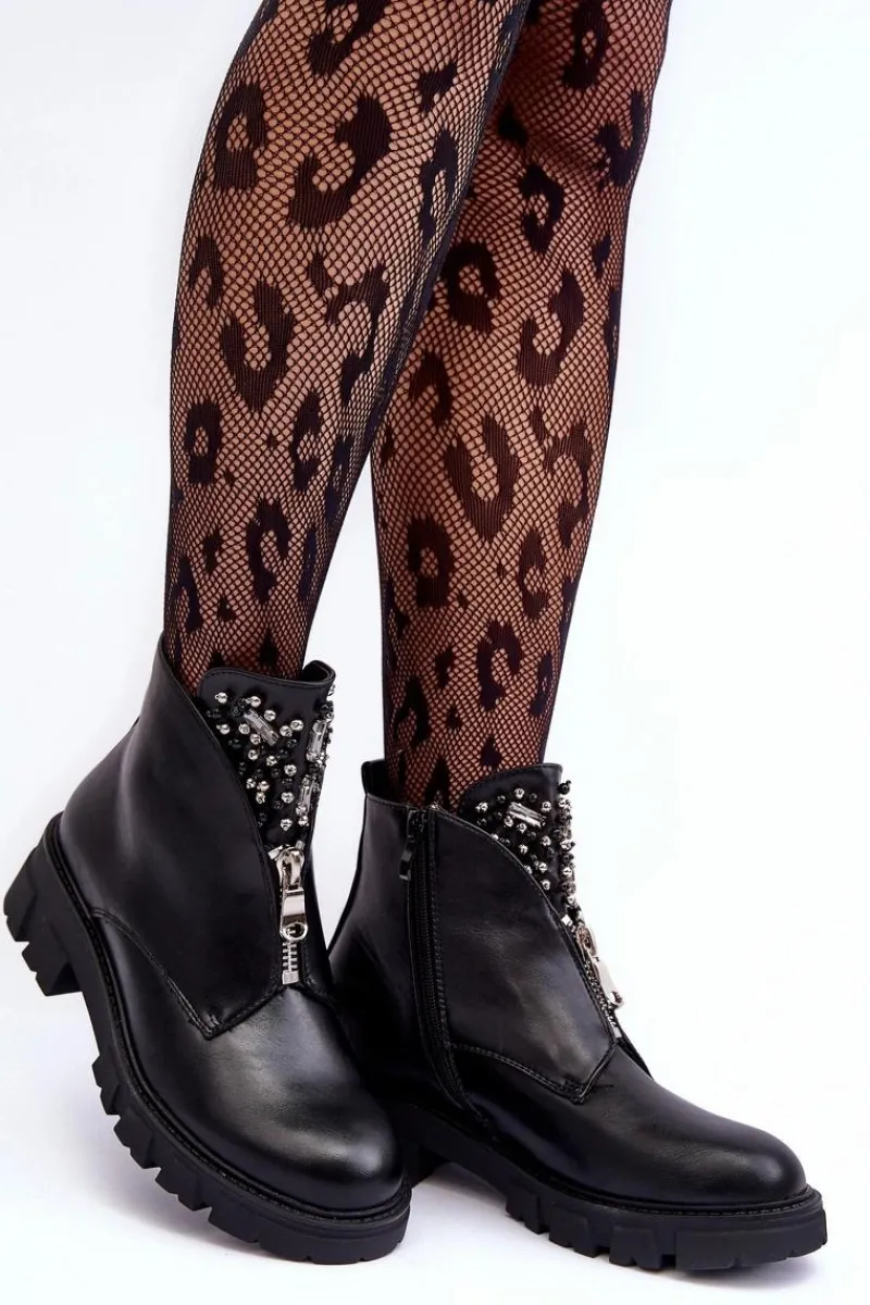 Sale Boto Niskie Zdobione Skórzane Botki Z Suwakiem Czarne Escika