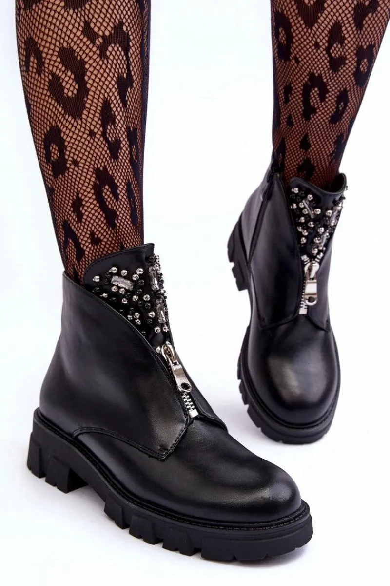 Sale Boto Niskie Zdobione Skórzane Botki Z Suwakiem Czarne Escika