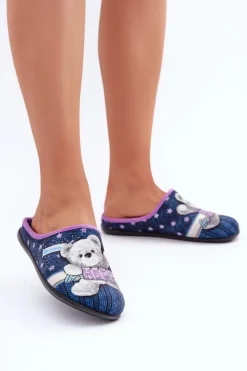 Best Obuwie Domowe Damskie Kapcie Z Misiem GF000025 Granatowe Damskie Kapcie Klasyczne|Klapki Damskie Klasyczne