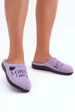 Outlet Obuwie Domowe Kapcie Damskie Z Napisem I Futerkiem Typu Baranek ET000027 Fioletowe Damskie Kapcie Klasyczne|Klapki Damskie Klasyczne