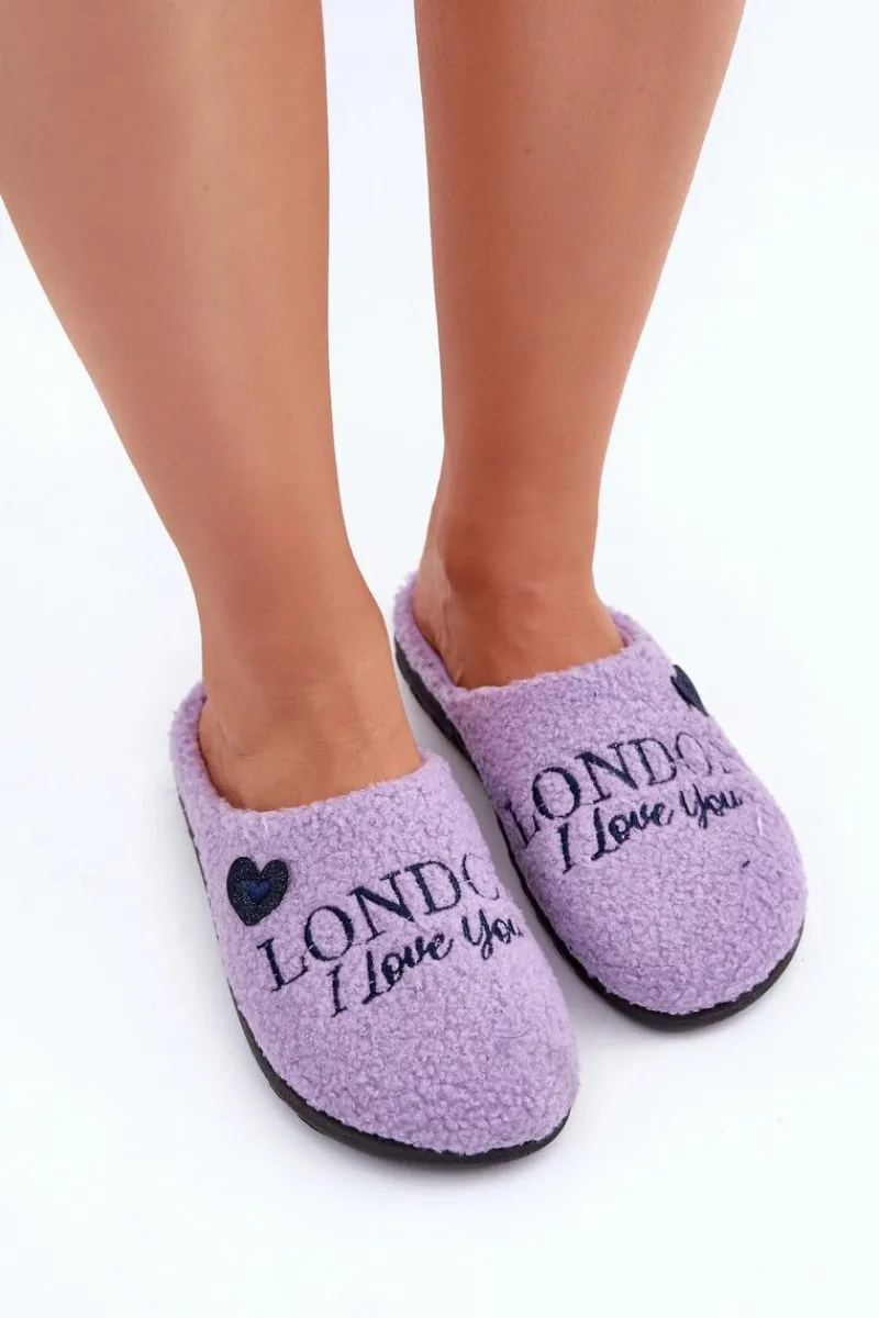 Outlet Obuwie Domowe Kapcie Damskie Z Napisem I Futerkiem Typu Baranek ET000027 Fioletowe Damskie Kapcie Klasyczne|Klapki Damskie Klasyczne