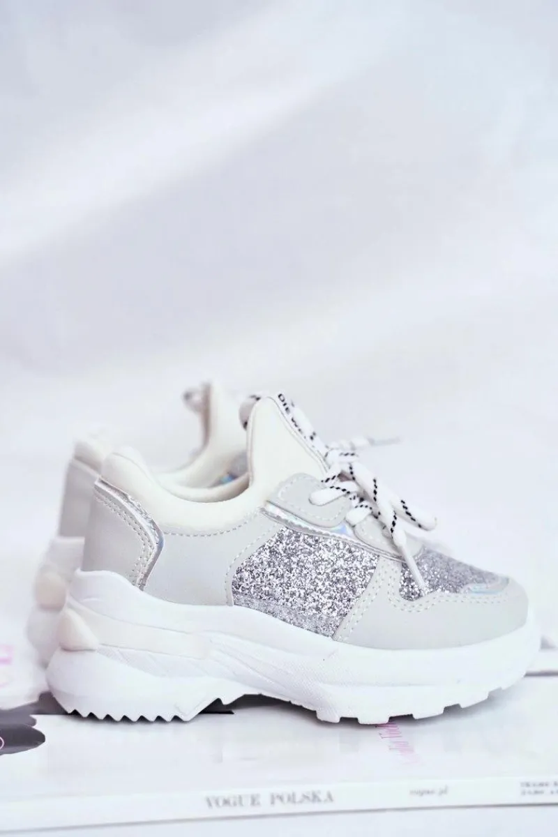 Sale Obuwie Sportowe Dziecięce z Brokatem Srebrne Matylda Dzieci Dziewczęce