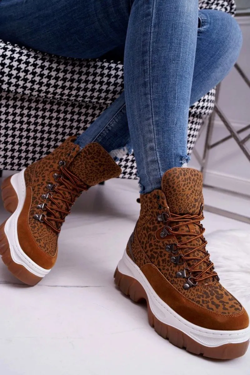 Clearance Obuwie Trekkingowe Trapery Damskie Leopard Greem Damskie Trekkingowe Damskie