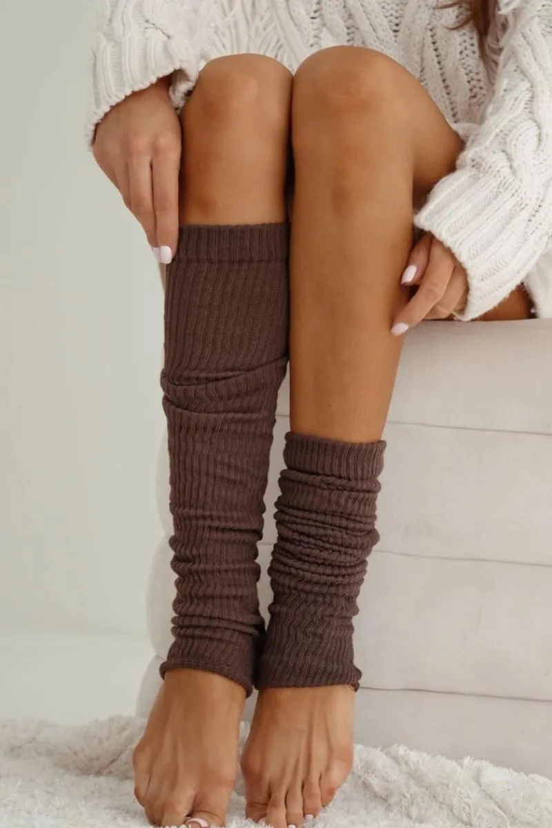 Outlet Ocieplacze Bawełniane W Prążek Brązowe Skarpetki|Skarpetki