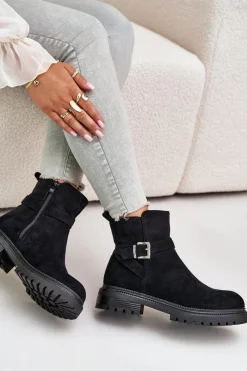 Outlet Boto Ocieplane Botki Eko Zamszowe Na Zamek Z Klamrą Czarne Zinovelle