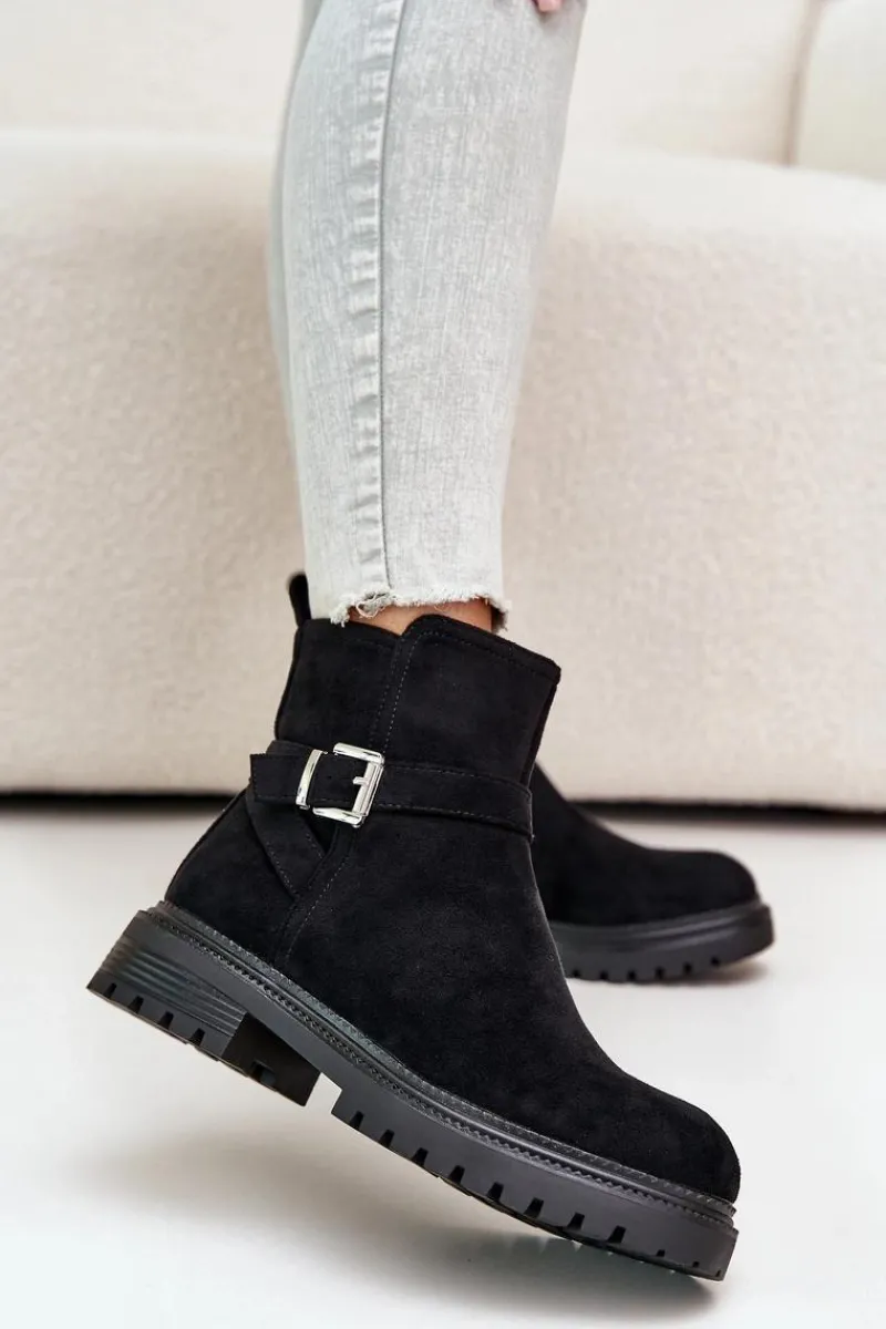 Outlet Boto Ocieplane Botki Eko Zamszowe Na Zamek Z Klamrą Czarne Zinovelle