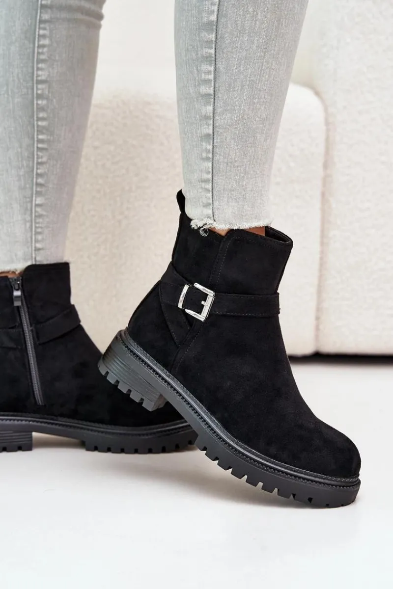 Outlet Boto Ocieplane Botki Eko Zamszowe Na Zamek Z Klamrą Czarne Zinovelle