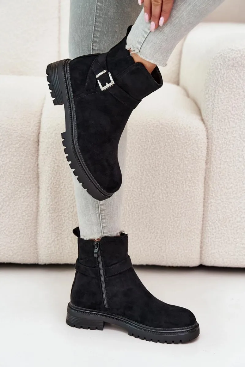 Outlet Boto Ocieplane Botki Eko Zamszowe Na Zamek Z Klamrą Czarne Zinovelle
