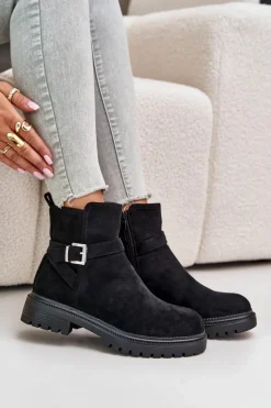 Outlet Boto Ocieplane Botki Eko Zamszowe Na Zamek Z Klamrą Czarne Zinovelle