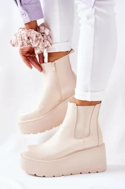 Outlet Ocieplane Botki Beżowe Montiano Damskie Botki Zimowe Damskie|Brązowe I Beżowe Botki