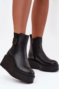 Botki Ocieplane|Botki Skórzane>Buty damskie Vinceza Ocieplane Botki Damskie Na Koturnie Z Ozdobnym Detalem Vinceza 58551 Czarne