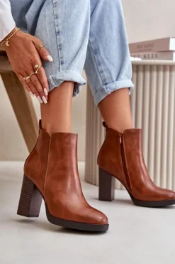 Sale Ocieplane Botki Damskie Na Słupku Eko Skórzane Brązowe Teresine Damskie Czarne Botki|Brązowe I Beżowe Botki