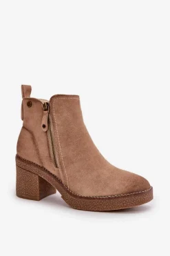 Hot Ocieplane Botki Damskie Na Słupku Z Eko Zamszu Beżowe Velarilla Damskie Botki Ocieplane|Brązowe I Beżowe Botki