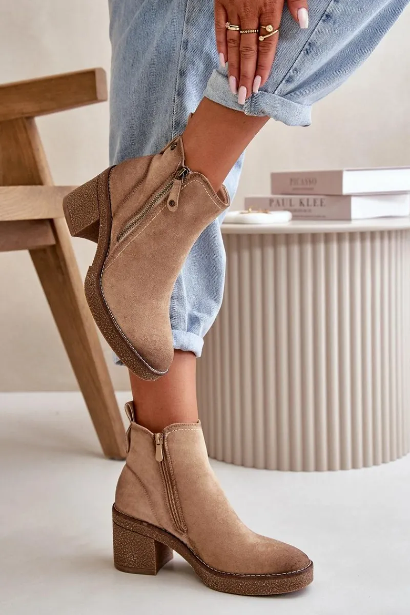 Hot Ocieplane Botki Damskie Na Słupku Z Eko Zamszu Beżowe Velarilla Damskie Botki Ocieplane|Brązowe I Beżowe Botki