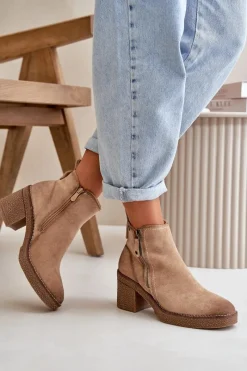 Hot Ocieplane Botki Damskie Na Słupku Z Eko Zamszu Beżowe Velarilla Damskie Botki Ocieplane|Brązowe I Beżowe Botki