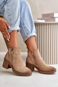 Hot Ocieplane Botki Damskie Na Słupku Z Eko Zamszu Beżowe Velarilla Damskie Botki Ocieplane|Brązowe I Beżowe Botki