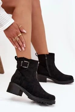 Ocieplane Botki Damskie Na Niskim Obcasie Klocku Z Klamrą Czarne Helvina Damskie Botki Ocieplane|Brązowe I Beżowe Botki