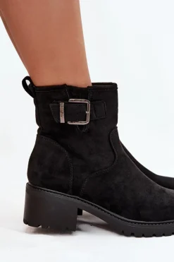 Ocieplane Botki Damskie Na Niskim Obcasie Klocku Z Klamrą Czarne Helvina Damskie Botki Ocieplane|Brązowe I Beżowe Botki