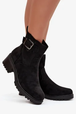 Ocieplane Botki Damskie Na Niskim Obcasie Klocku Z Klamrą Czarne Helvina Damskie Botki Ocieplane|Brązowe I Beżowe Botki