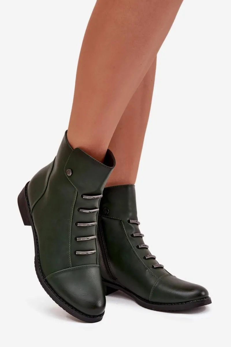 New Ocieplane Botki Damskie Na Płaskim Obcasie Zielone Labise Damskie Botki Ocieplane|Czarne Botki