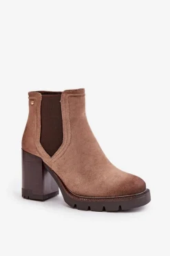 Clearance Buty damskie Vinceza Ocieplane Botki Damskie Na Słupku Z Eko Zamszu Vinceza 58356 Beżowe Beżowy