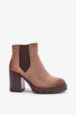 Clearance Buty damskie Vinceza Ocieplane Botki Damskie Na Słupku Z Eko Zamszu Vinceza 58356 Beżowe Beżowy