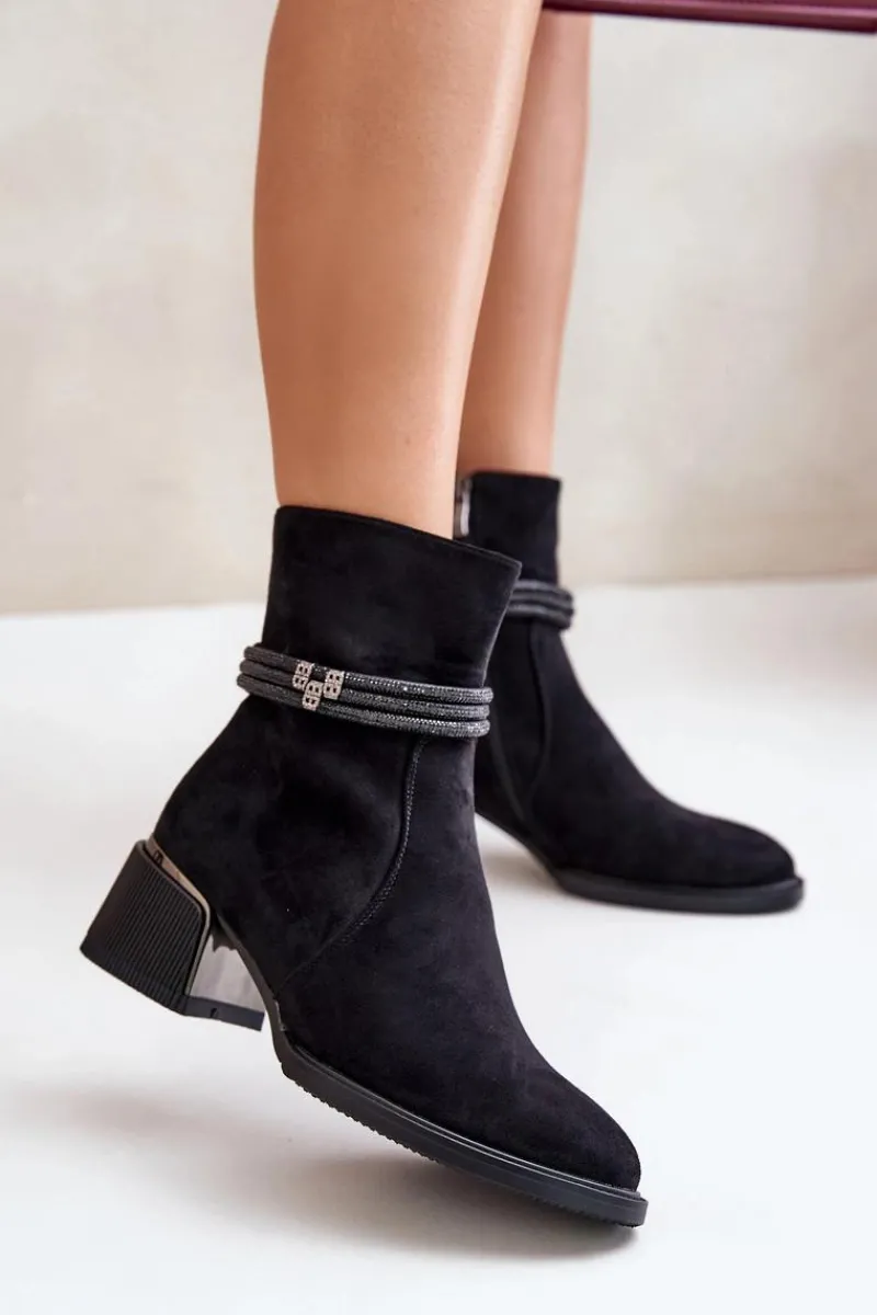 Botki Ocieplane|Botki Na Obcasie>Damskie buty S.Barski Ocieplane Botki Damskie Na Niskim Obcasie Z Ozdobnymi Paskami D&A MR880-027 Czarne