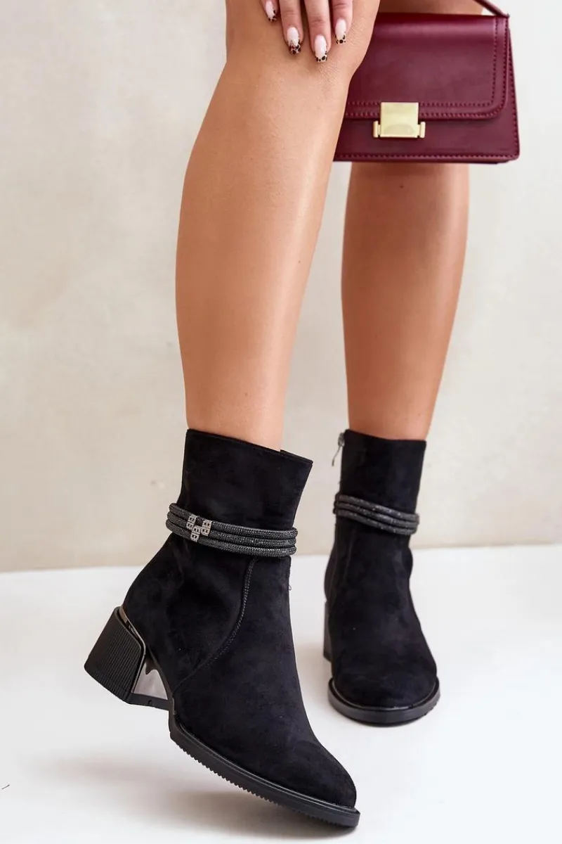 Botki Ocieplane|Botki Na Obcasie>Damskie buty S.Barski Ocieplane Botki Damskie Na Niskim Obcasie Z Ozdobnymi Paskami D&A MR880-027 Czarne