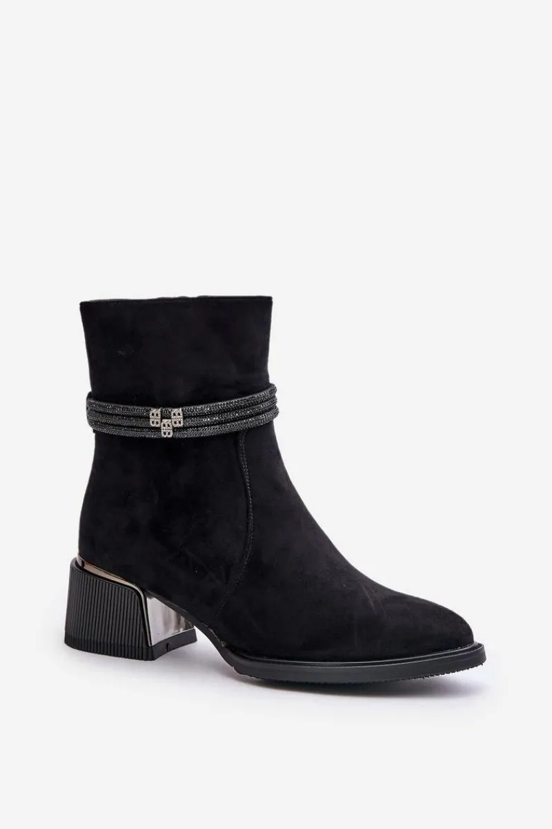 Botki Ocieplane|Botki Na Obcasie>Damskie buty S.Barski Ocieplane Botki Damskie Na Niskim Obcasie Z Ozdobnymi Paskami D&A MR880-027 Czarne
