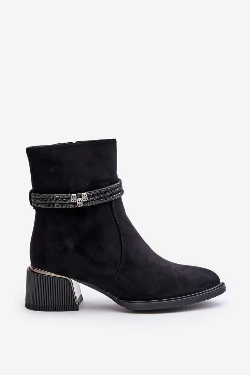 Botki Ocieplane|Botki Na Obcasie>Damskie buty S.Barski Ocieplane Botki Damskie Na Niskim Obcasie Z Ozdobnymi Paskami D&A MR880-027 Czarne