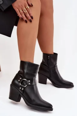 Best Ocieplane Botki Damskie Na Słupku Z Ozdobnym Elementem Czarne Jurelle Damskie Botki Ocieplane|Botki Skórzane