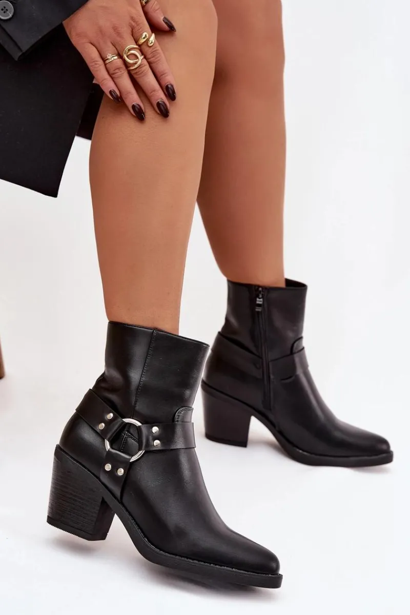 Best Ocieplane Botki Damskie Na Słupku Z Ozdobnym Elementem Czarne Jurelle Damskie Botki Ocieplane|Botki Skórzane