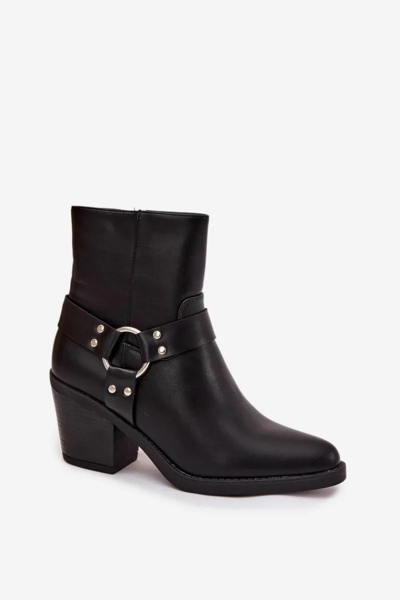 Best Ocieplane Botki Damskie Na Słupku Z Ozdobnym Elementem Czarne Jurelle Damskie Botki Ocieplane|Botki Skórzane