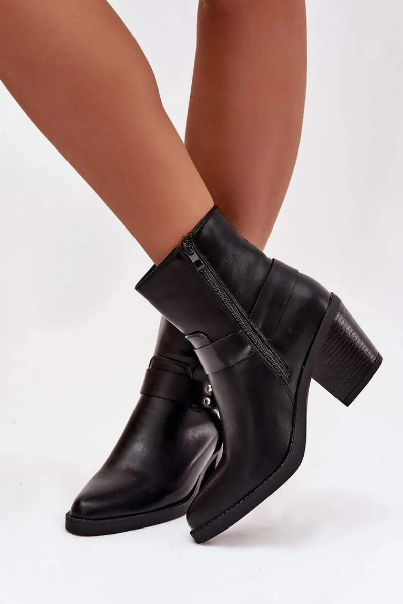 Best Ocieplane Botki Damskie Na Słupku Z Ozdobnym Elementem Czarne Jurelle Damskie Botki Ocieplane|Botki Skórzane