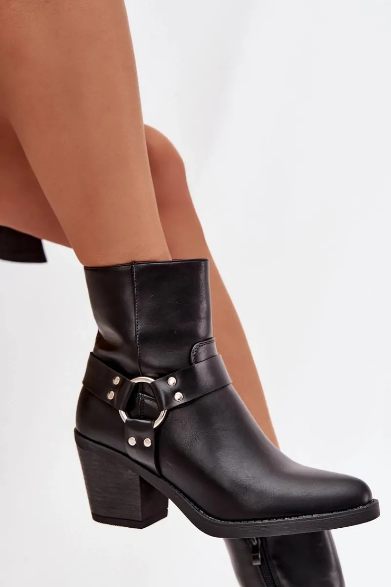 Best Ocieplane Botki Damskie Na Słupku Z Ozdobnym Elementem Czarne Jurelle Damskie Botki Ocieplane|Botki Skórzane