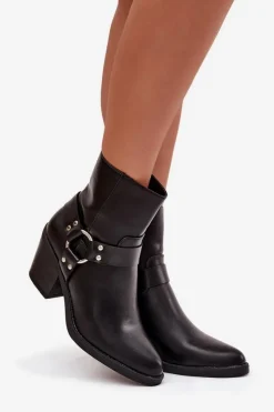 Best Ocieplane Botki Damskie Na Słupku Z Ozdobnym Elementem Czarne Jurelle Damskie Botki Ocieplane|Botki Skórzane