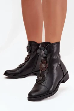 Outlet Boto Ocieplane Botki Damskie Na Płaskim Obcasie Z Ozdobnymi Kwiatkami Czarne Pravienne Czarny