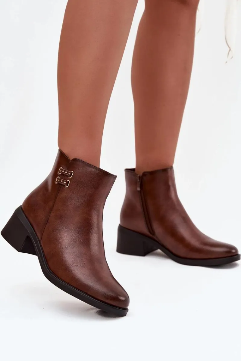 Outlet Ocieplane Botki Damskie Na Klocku Brązowe Delmira Damskie Botki Ocieplane|Czarne Botki