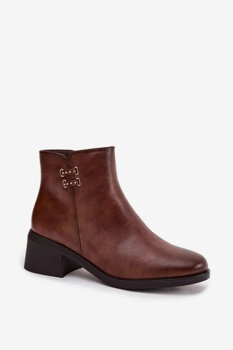 Outlet Ocieplane Botki Damskie Na Klocku Brązowe Delmira Damskie Botki Ocieplane|Czarne Botki