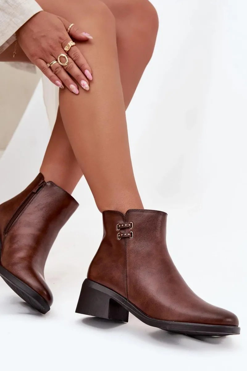 Outlet Ocieplane Botki Damskie Na Klocku Brązowe Delmira Damskie Botki Ocieplane|Czarne Botki