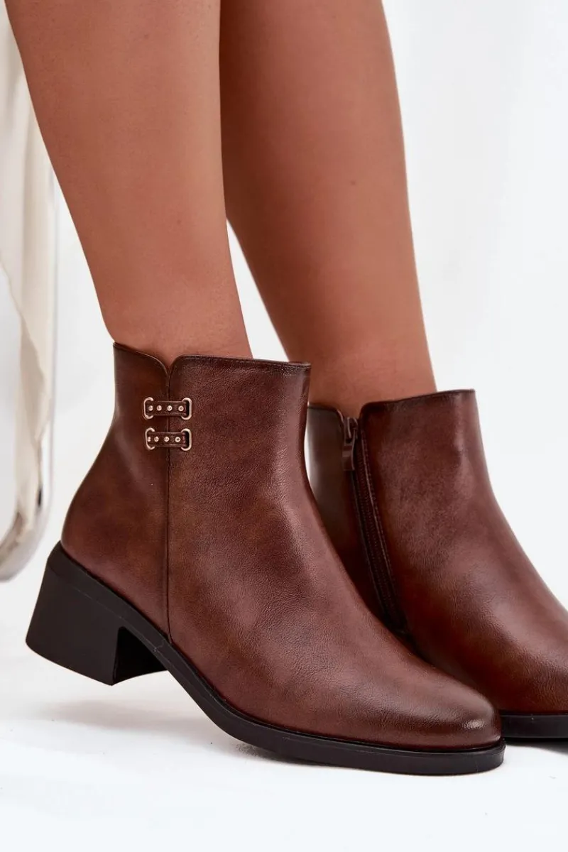 Outlet Ocieplane Botki Damskie Na Klocku Brązowe Delmira Damskie Botki Ocieplane|Czarne Botki