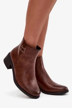 Outlet Ocieplane Botki Damskie Na Klocku Brązowe Delmira Damskie Botki Ocieplane|Czarne Botki