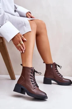 Botki Ocieplane|Botki Sznurowane>Buty damskie Vinceza Ocieplane Botki Damskie Na Niskim Obcasie Ze Skóry naturalnej Vinceza 66722 Brązowe