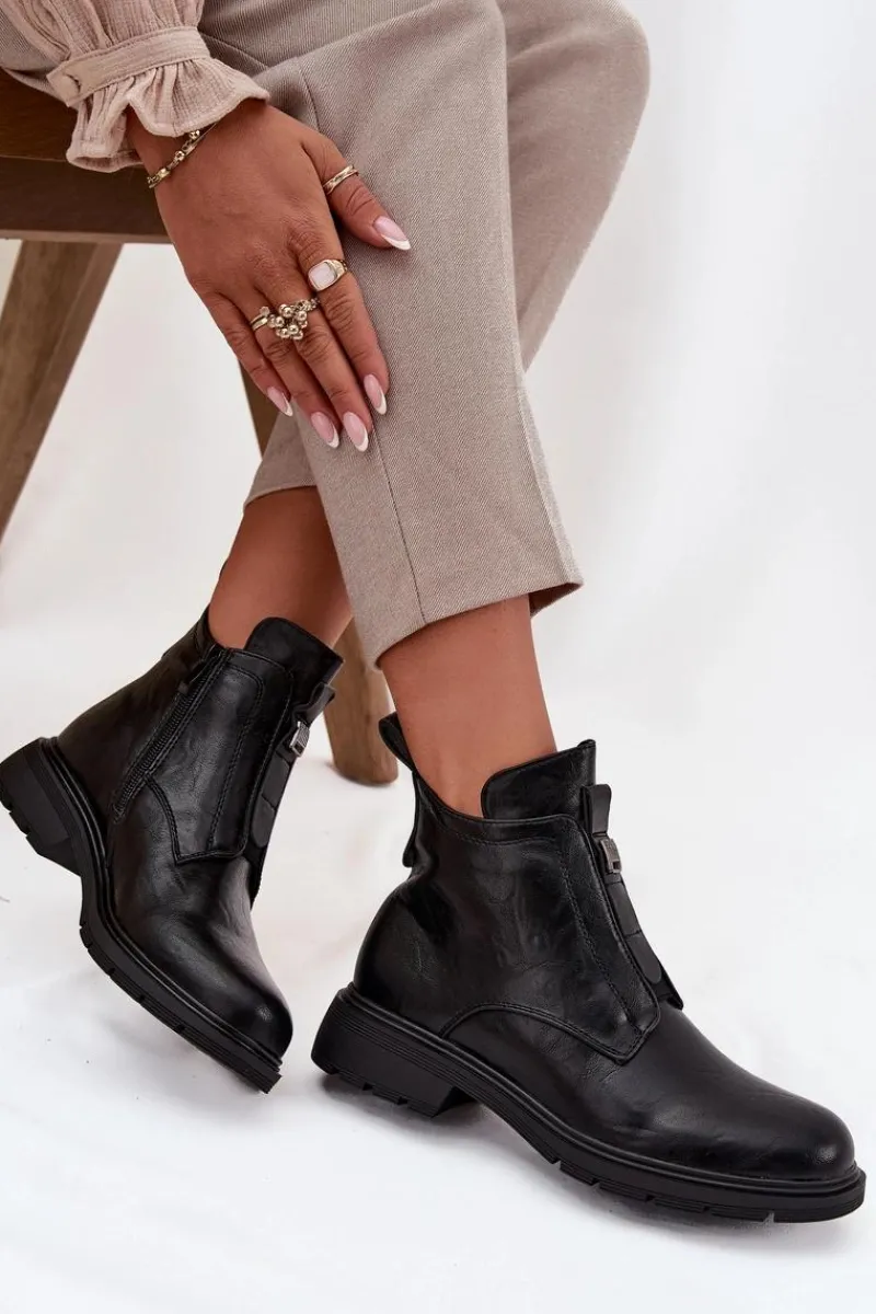 Outlet Boto Ocieplane Botki Damskie Na Zamek Z Ozdobnym Detalem Czarne Roselle Czarny