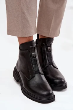 Outlet Boto Ocieplane Botki Damskie Na Zamek Z Ozdobnym Detalem Czarne Roselle Czarny