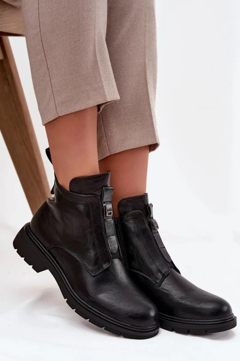 Outlet Boto Ocieplane Botki Damskie Na Zamek Z Ozdobnym Detalem Czarne Roselle Czarny