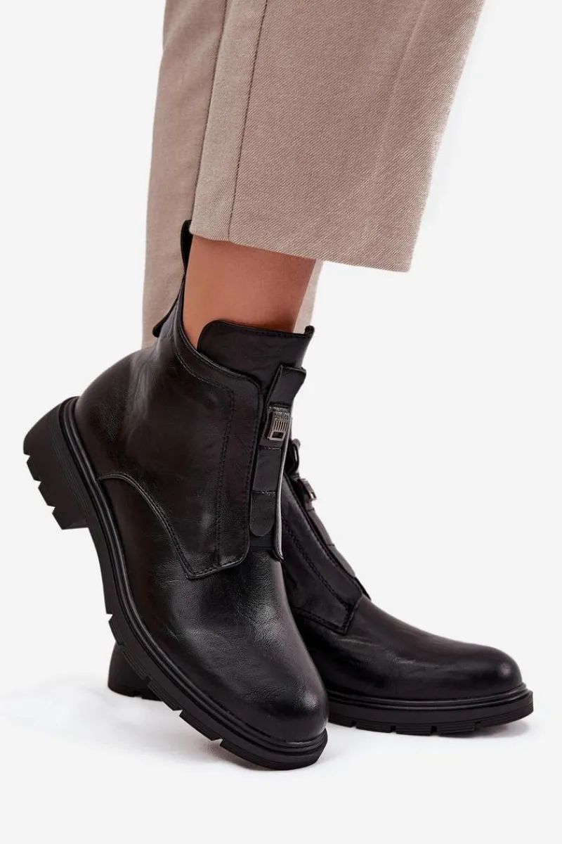 Outlet Boto Ocieplane Botki Damskie Na Zamek Z Ozdobnym Detalem Czarne Roselle Czarny