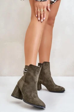 Sale Ocieplane Botki Damskie Na Słupku Eko Zamszowe Ciemnozielone Saivia Damskie Brązowe I Beżowe Botki|Botki Na Obcasie