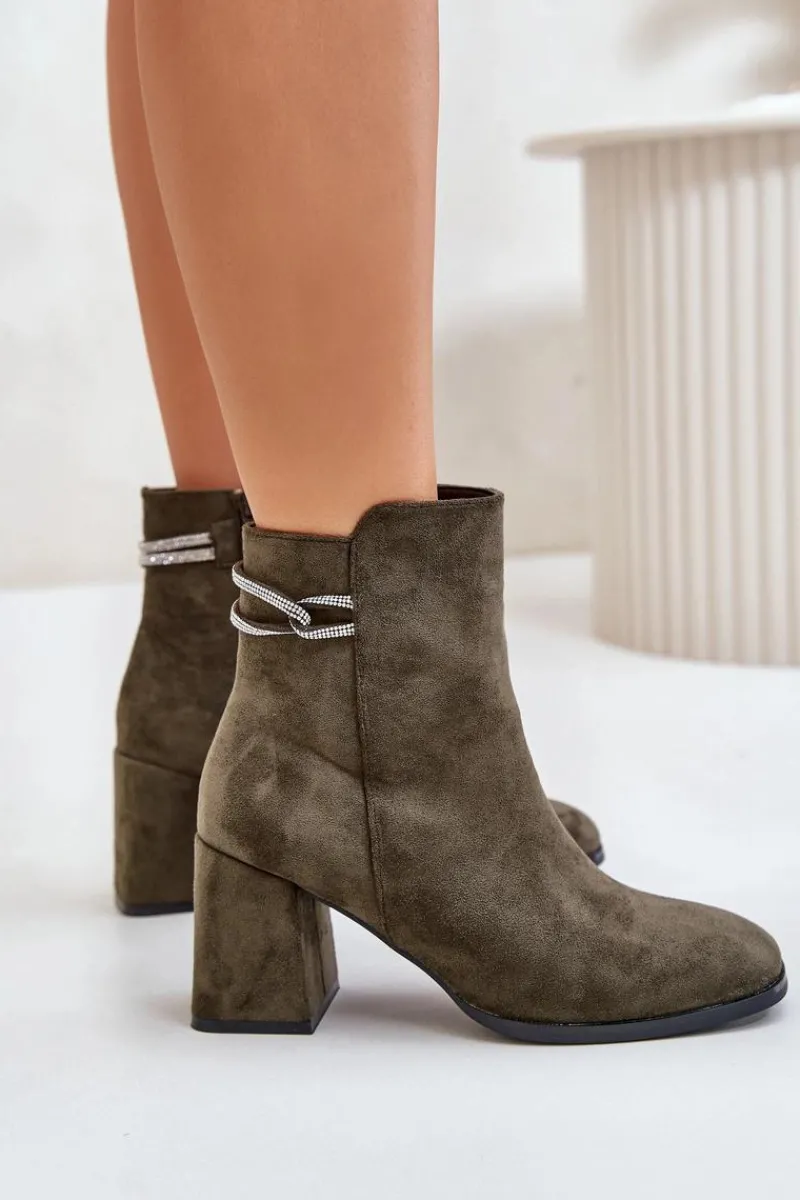 Sale Ocieplane Botki Damskie Na Słupku Eko Zamszowe Ciemnozielone Saivia Damskie Brązowe I Beżowe Botki|Botki Na Obcasie