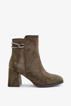 Sale Ocieplane Botki Damskie Na Słupku Eko Zamszowe Ciemnozielone Saivia Damskie Brązowe I Beżowe Botki|Botki Na Obcasie